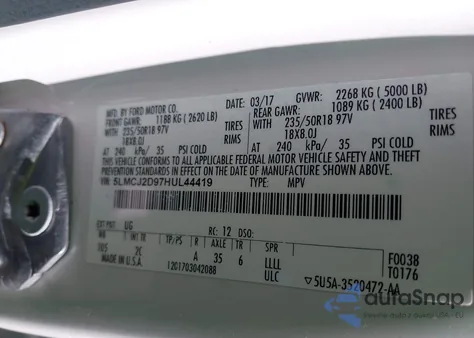 2017 Lincoln Mkc Select z USA, uszkodzony, nr VIN 5LMCJ2D97HUL44419